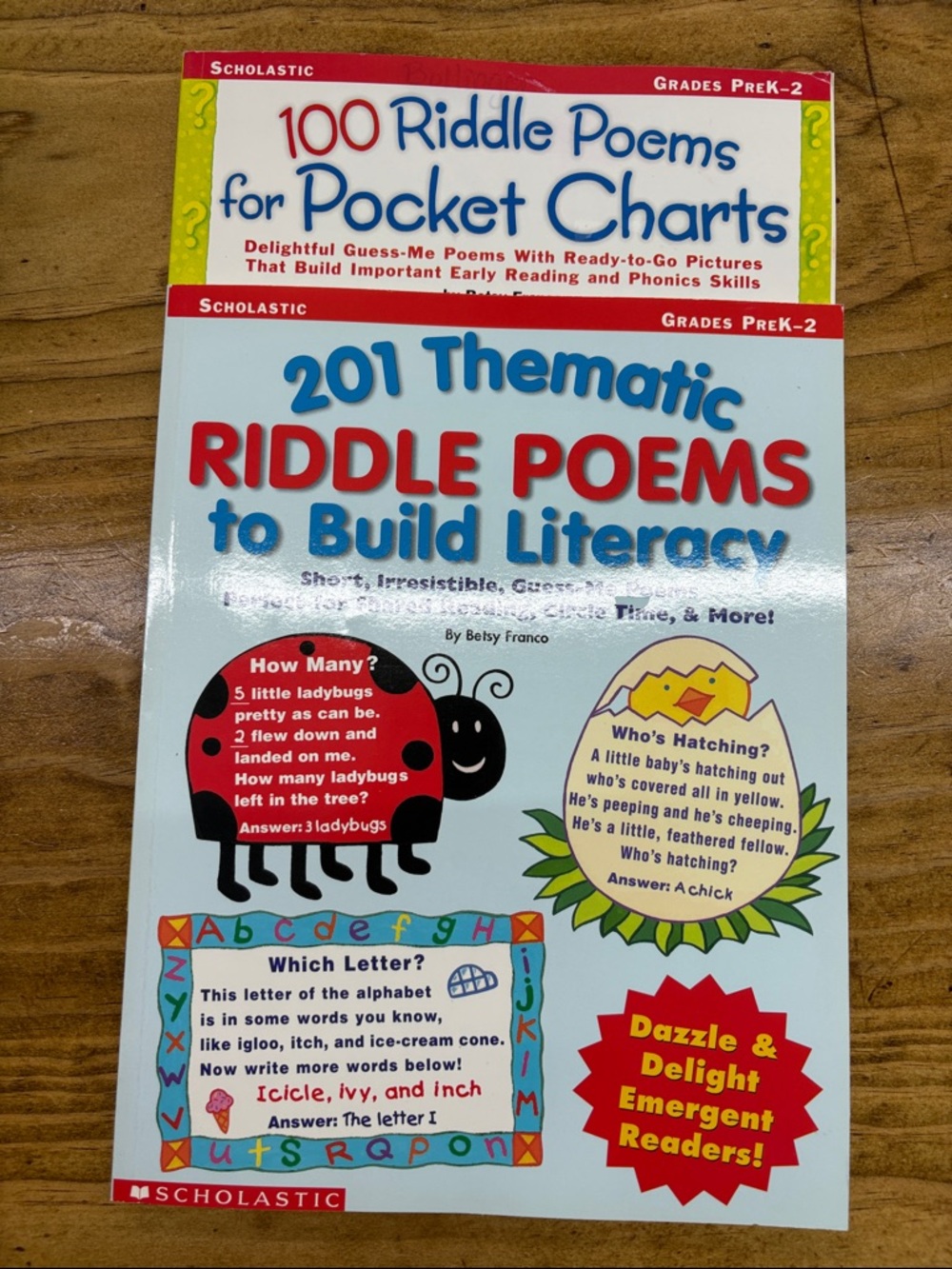 Two pocket chart, riddle poem, resource books
